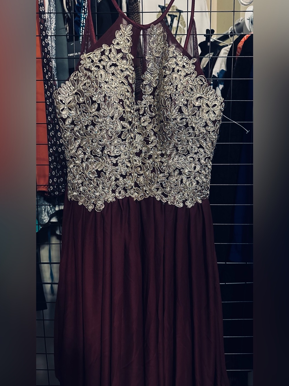 My Michelle Burgundy Prom Dress with Gold Appliqué Bodice